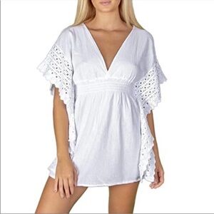 Seaspice Women’s Resortwear White Gauze Crochet Beach Pool Eyelet Dress